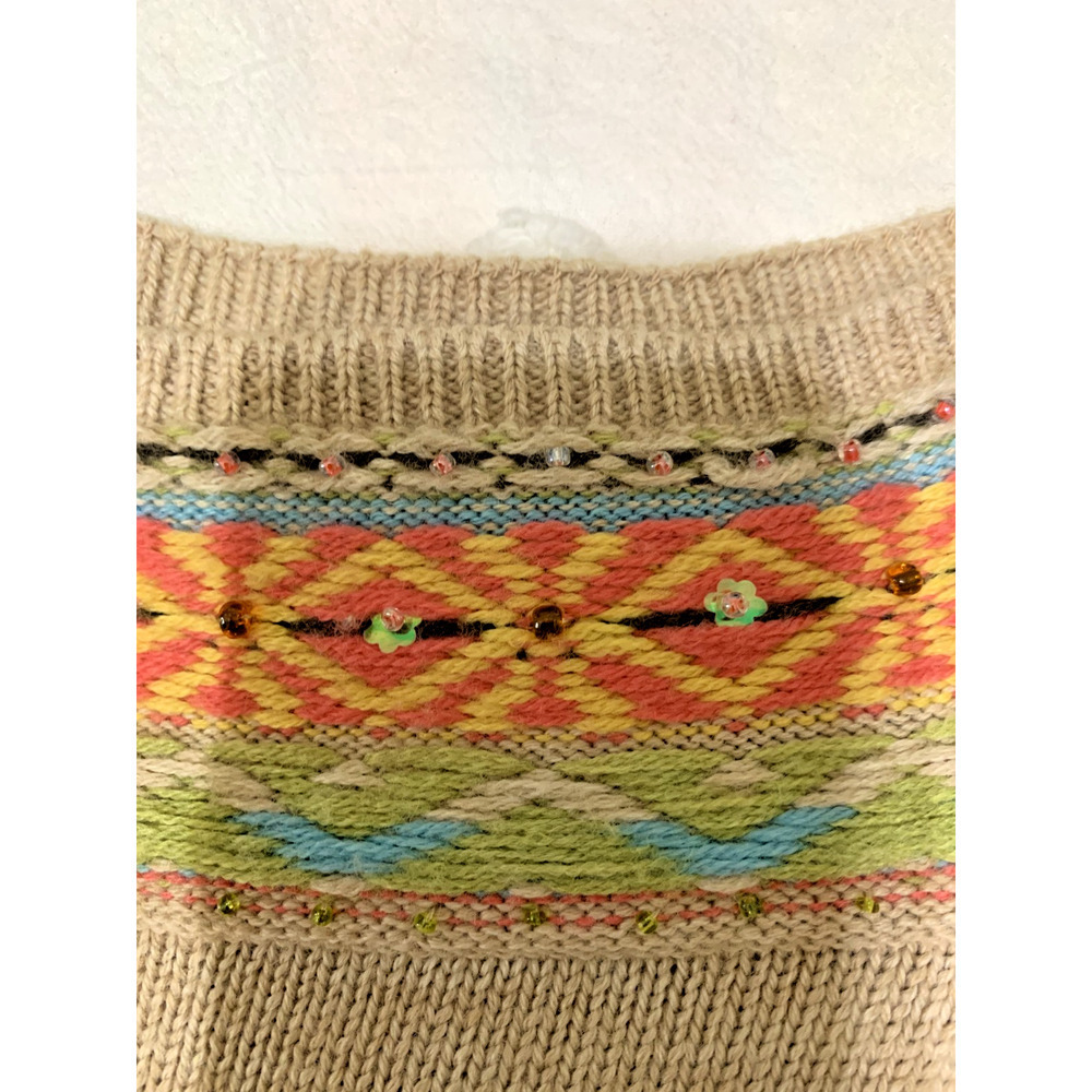 LizClairborne Fair Isle Chunky Knit Camel Wool Blend Beaded Boat Neck Sweater XL - Picture 10 of 10